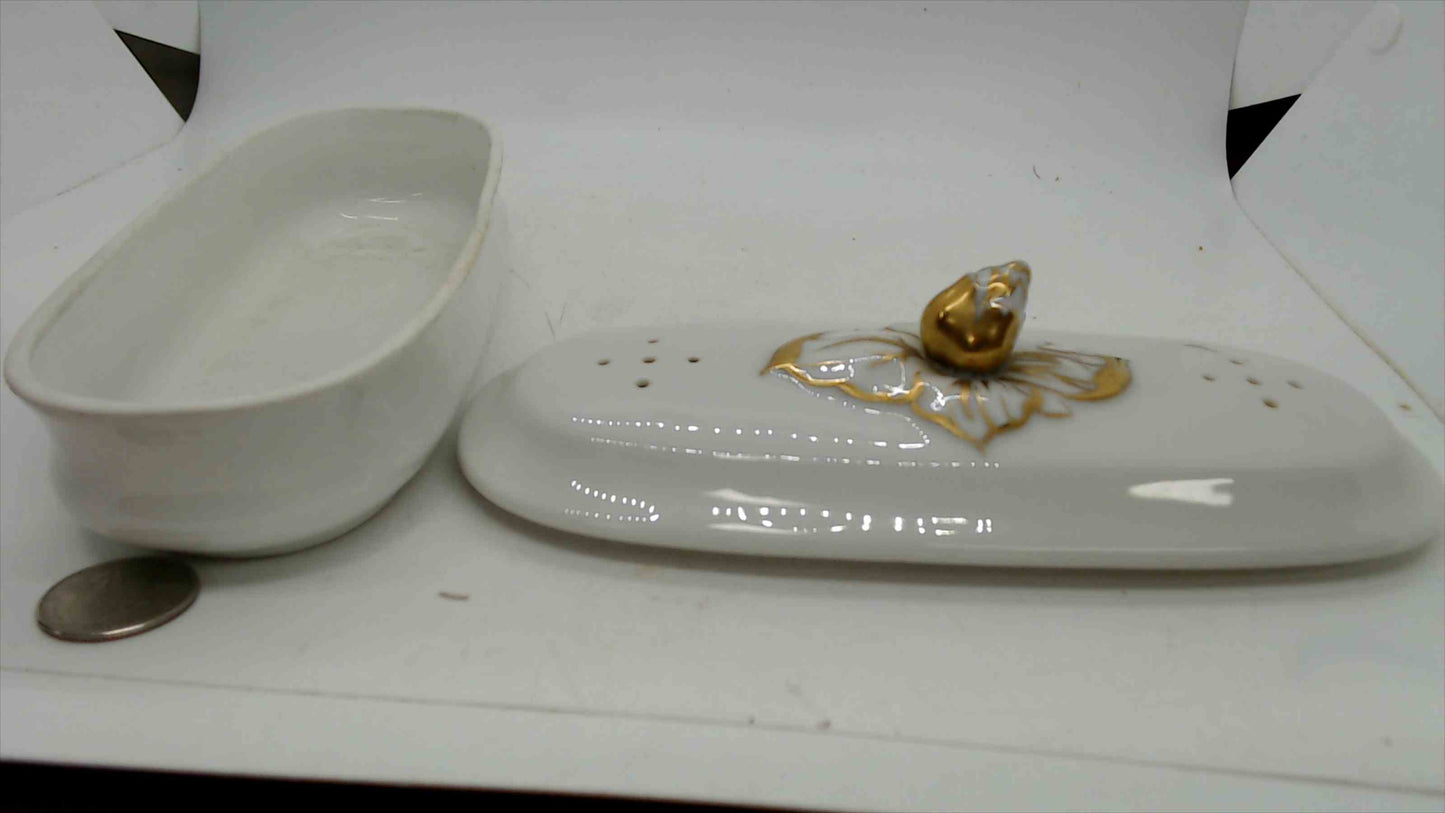 French Antique Porcelain Toothbrush Vanity Box with Gold Floral Lid — As-Is