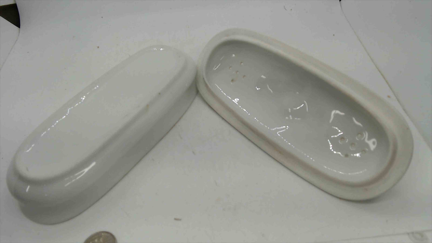 French Antique Porcelain Toothbrush Vanity Box with Gold Floral Lid — As-Is