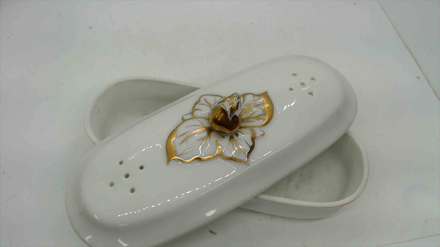 French Antique Porcelain Toothbrush Vanity Box with Gold Floral Lid — As-Is