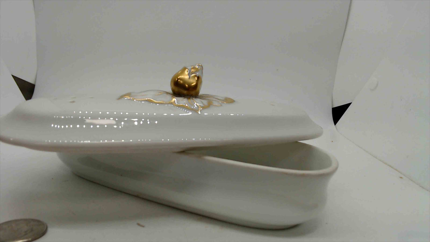 French Antique Porcelain Toothbrush Vanity Box with Gold Floral Lid — As-Is