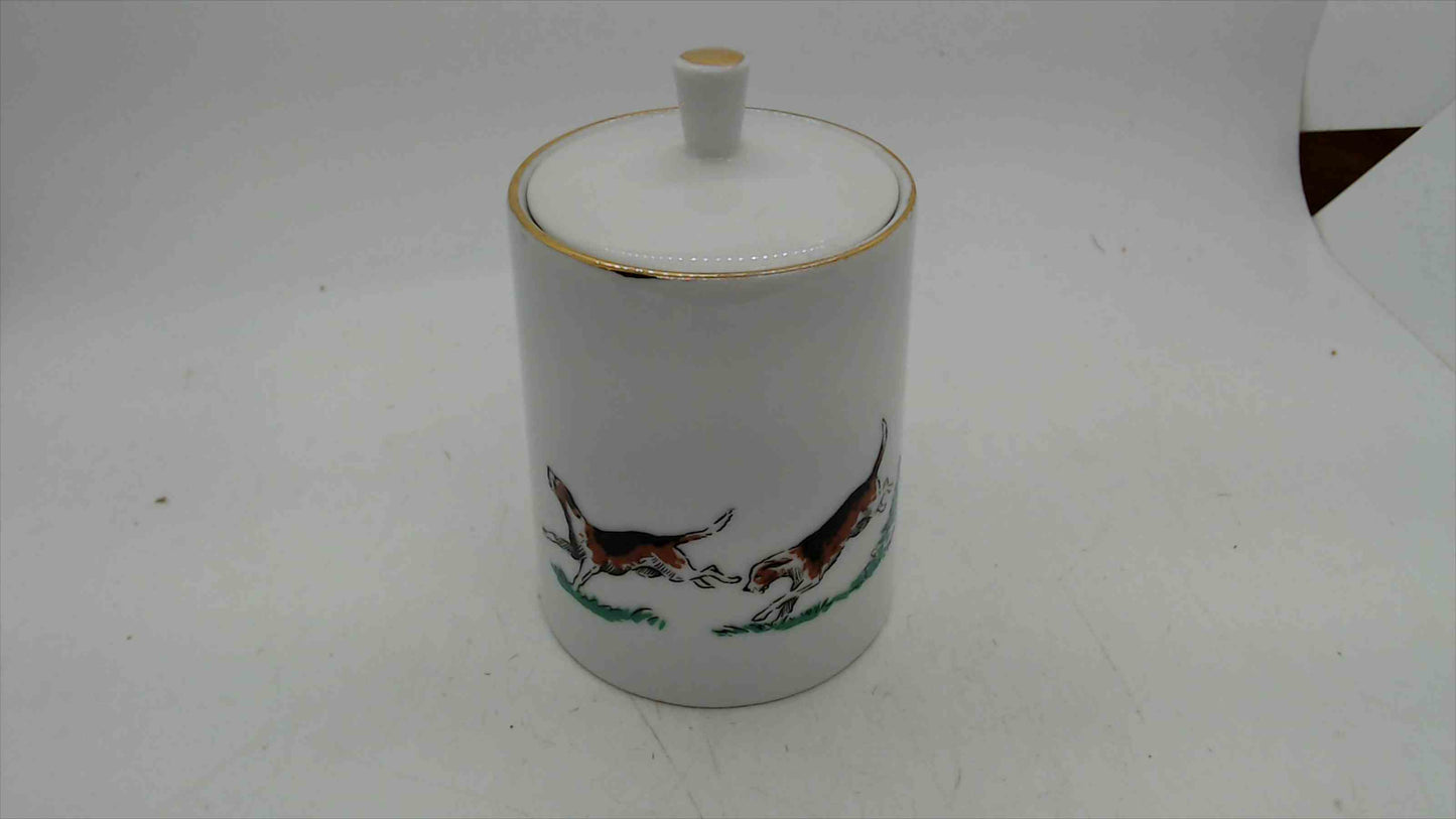 Porcelain Lidded Jar with Hunt Scene – Hounds & Riding Crop, Gold Rim, Signed Menzies