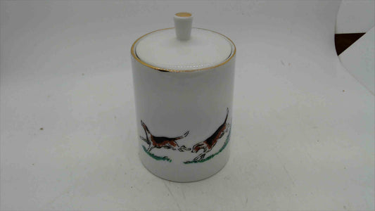 Porcelain Lidded Jar with Hunt Scene – Hounds & Riding Crop, Gold Rim, Signed Menzies