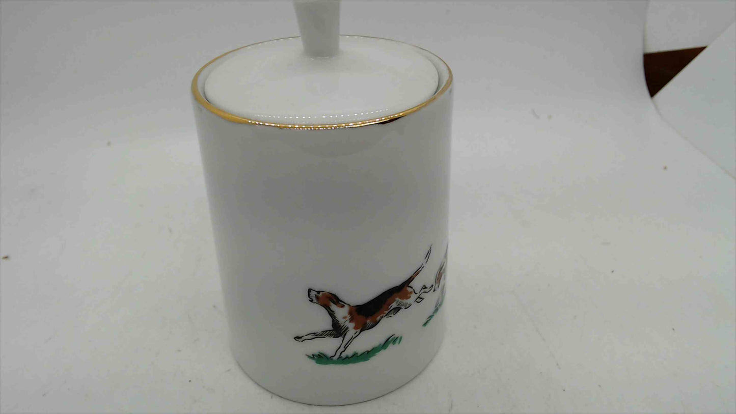 Porcelain Lidded Jar with Hunt Scene – Hounds & Riding Crop, Gold Rim, Signed Menzies