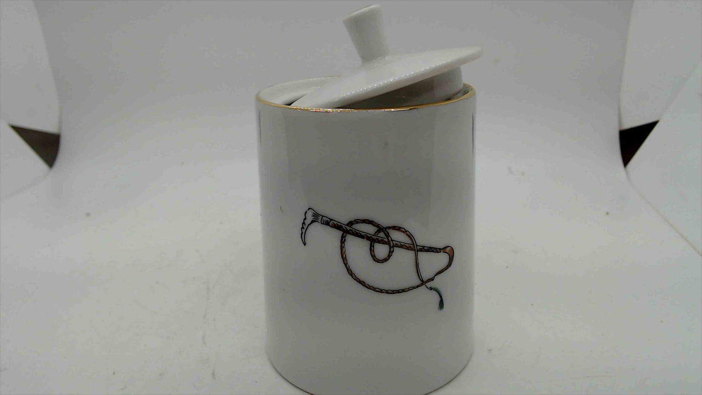Porcelain Lidded Jar with Hunt Scene – Hounds & Riding Crop, Gold Rim, Signed Menzies