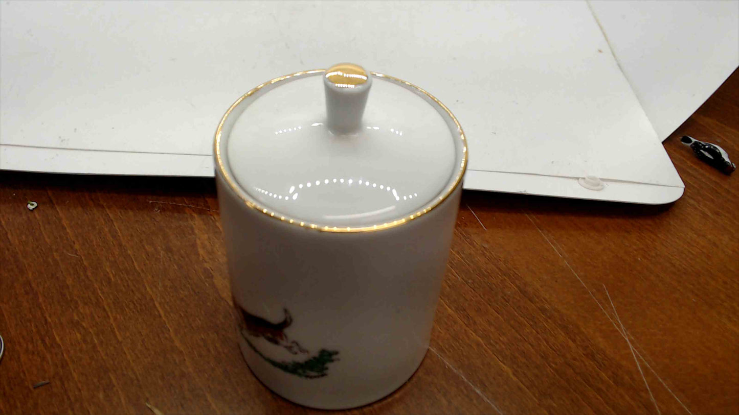 Porcelain Lidded Jar with Hunt Scene – Hounds & Riding Crop, Gold Rim, Signed Menzies