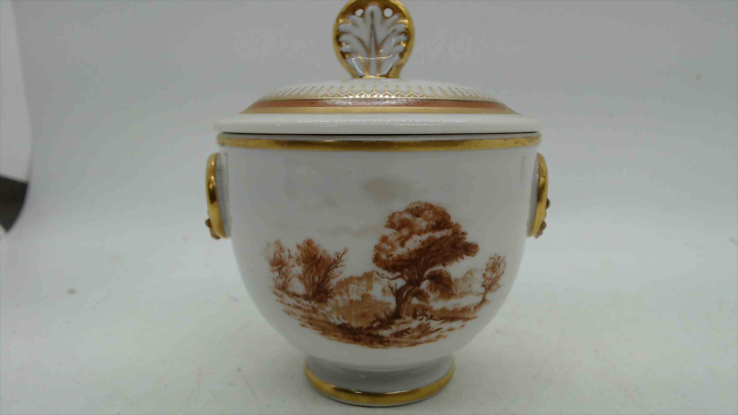 Portuguese Porcelain Lidded Sugar Bowl – Sepia Landscape, Gold Acanthus Handles, Stamped Portugal