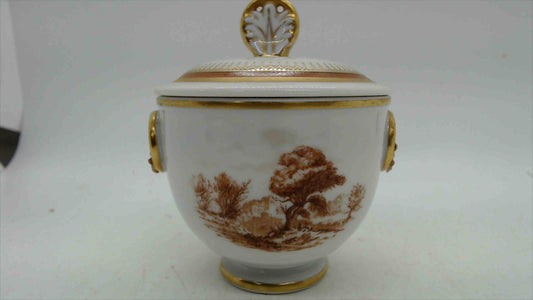 Portuguese Porcelain Lidded Sugar Bowl – Sepia Landscape, Gold Acanthus Handles, Stamped Portugal
