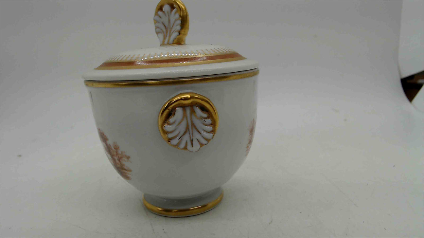 Portuguese Porcelain Lidded Sugar Bowl – Sepia Landscape, Gold Acanthus Handles, Stamped Portugal