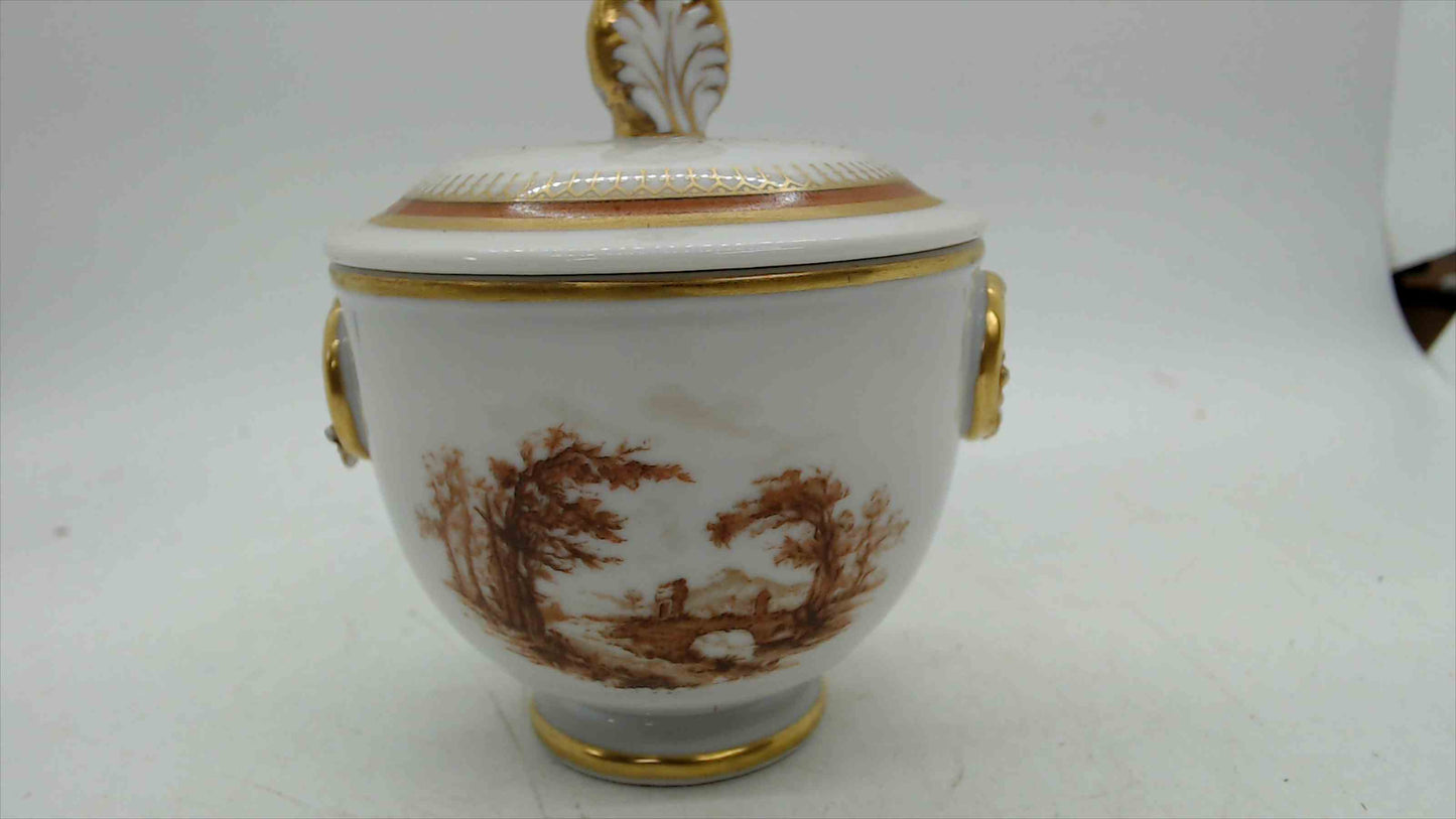 Portuguese Porcelain Lidded Sugar Bowl – Sepia Landscape, Gold Acanthus Handles, Stamped Portugal