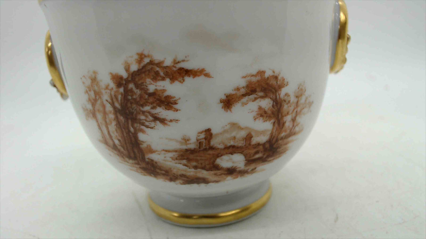 Portuguese Porcelain Lidded Sugar Bowl – Sepia Landscape, Gold Acanthus Handles, Stamped Portugal