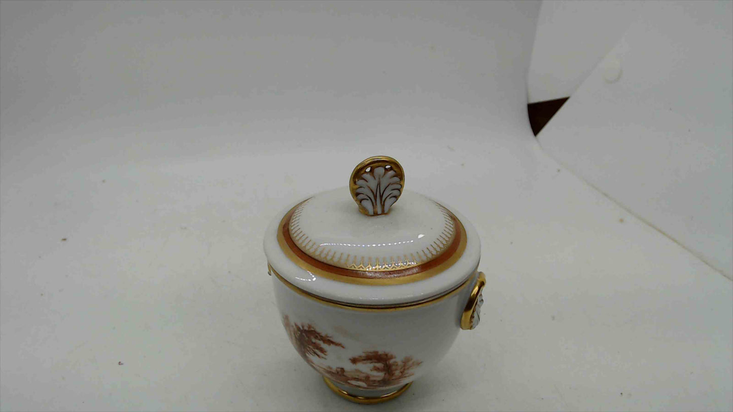 Portuguese Porcelain Lidded Sugar Bowl – Sepia Landscape, Gold Acanthus Handles, Stamped Portugal