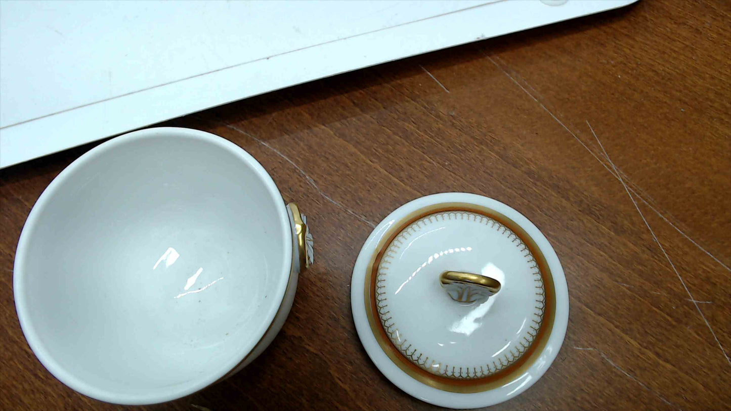 Portuguese Porcelain Lidded Sugar Bowl – Sepia Landscape, Gold Acanthus Handles, Stamped Portugal