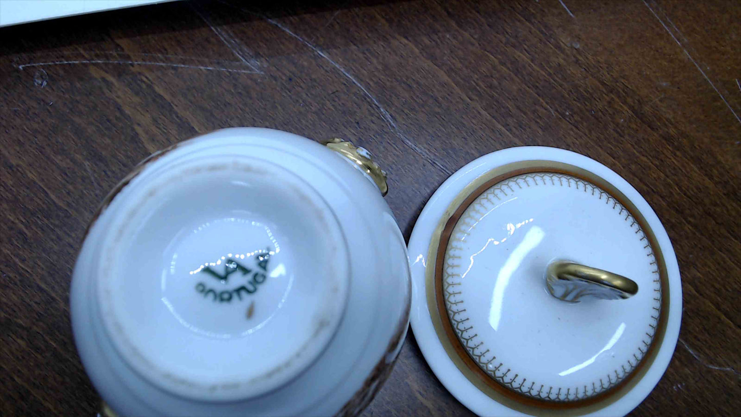 Portuguese Porcelain Lidded Sugar Bowl – Sepia Landscape, Gold Acanthus Handles, Stamped Portugal