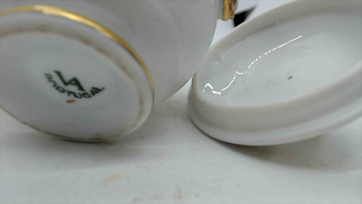 Portuguese Porcelain Lidded Sugar Bowl – Sepia Landscape, Gold Acanthus Handles, Stamped Portugal