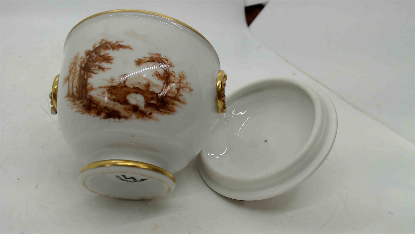 Portuguese Porcelain Lidded Sugar Bowl – Sepia Landscape, Gold Acanthus Handles, Stamped Portugal