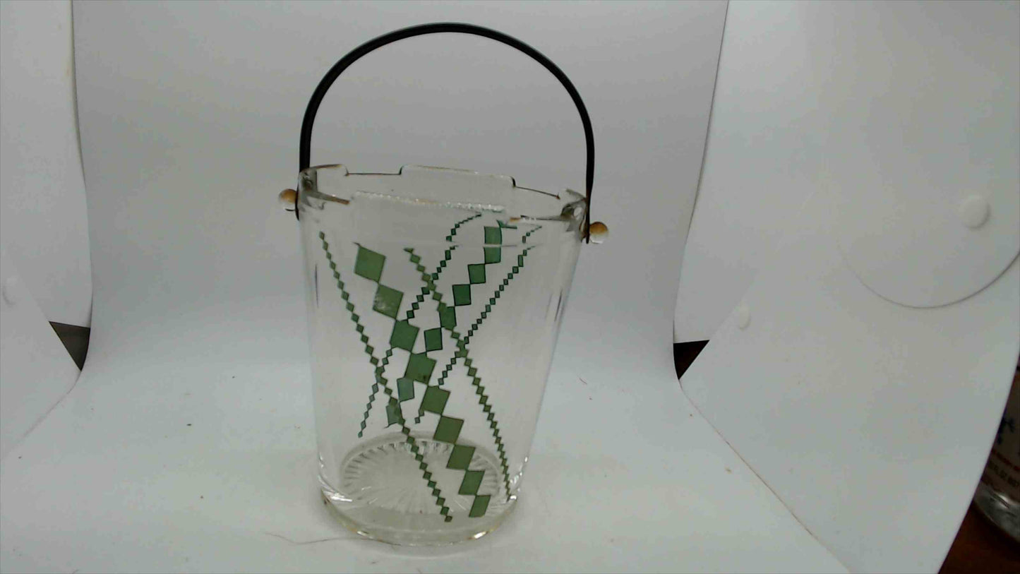 Vintage Mid-Century Glass Ice Bucket – Green Diamond Crosshatch Pattern, Black Swing Handle, 5"