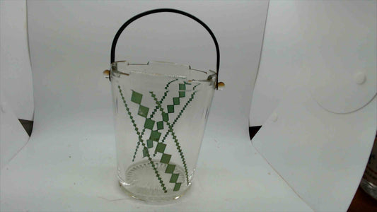 Vintage Mid-Century Glass Ice Bucket – Green Diamond Crosshatch Pattern, Black Swing Handle, 5"