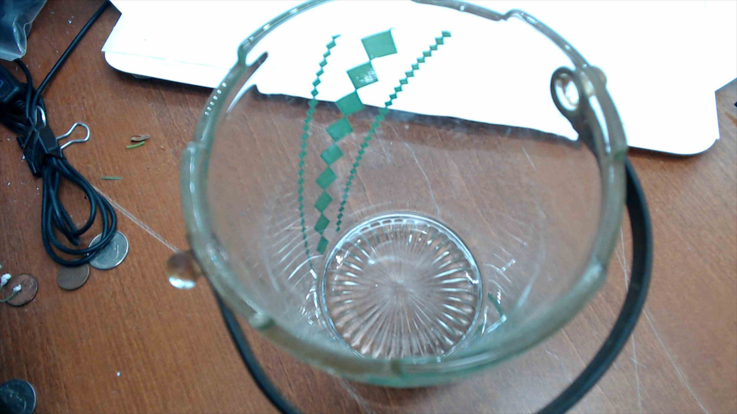 Vintage Mid-Century Glass Ice Bucket – Green Diamond Crosshatch Pattern, Black Swing Handle, 5"