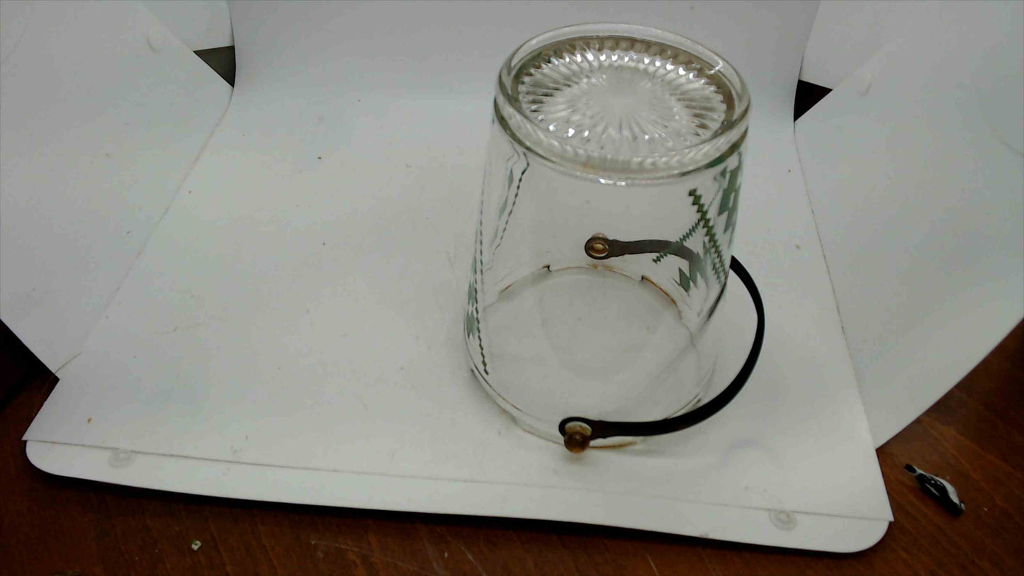 Vintage Mid-Century Glass Ice Bucket – Green Diamond Crosshatch Pattern, Black Swing Handle, 5"
