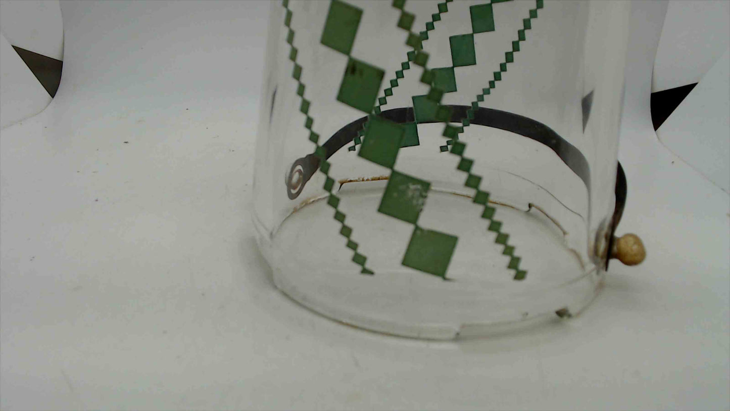 Vintage Mid-Century Glass Ice Bucket – Green Diamond Crosshatch Pattern, Black Swing Handle, 5"