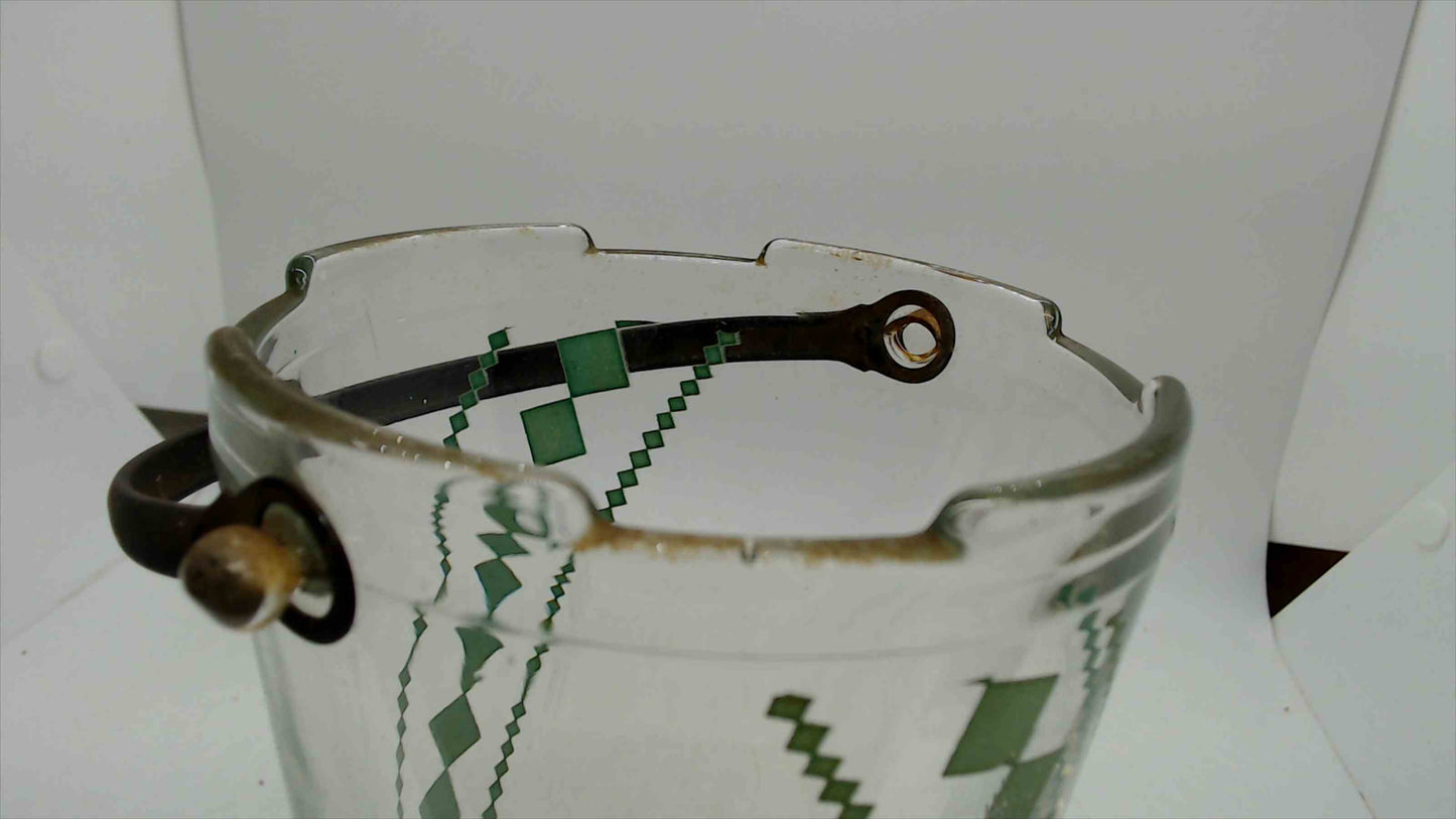 Vintage Mid-Century Glass Ice Bucket – Green Diamond Crosshatch Pattern, Black Swing Handle, 5"