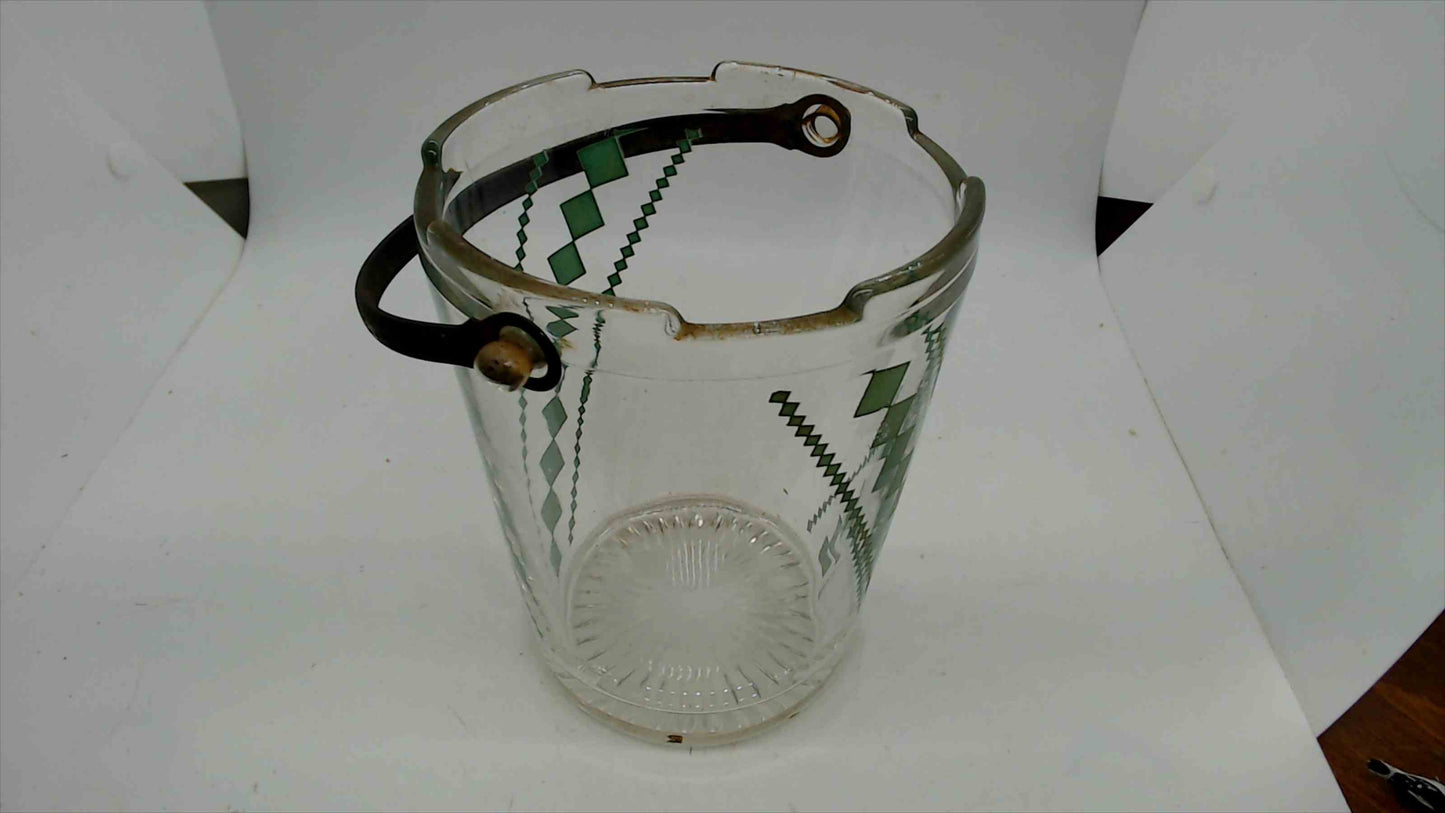Vintage Mid-Century Glass Ice Bucket – Green Diamond Crosshatch Pattern, Black Swing Handle, 5"
