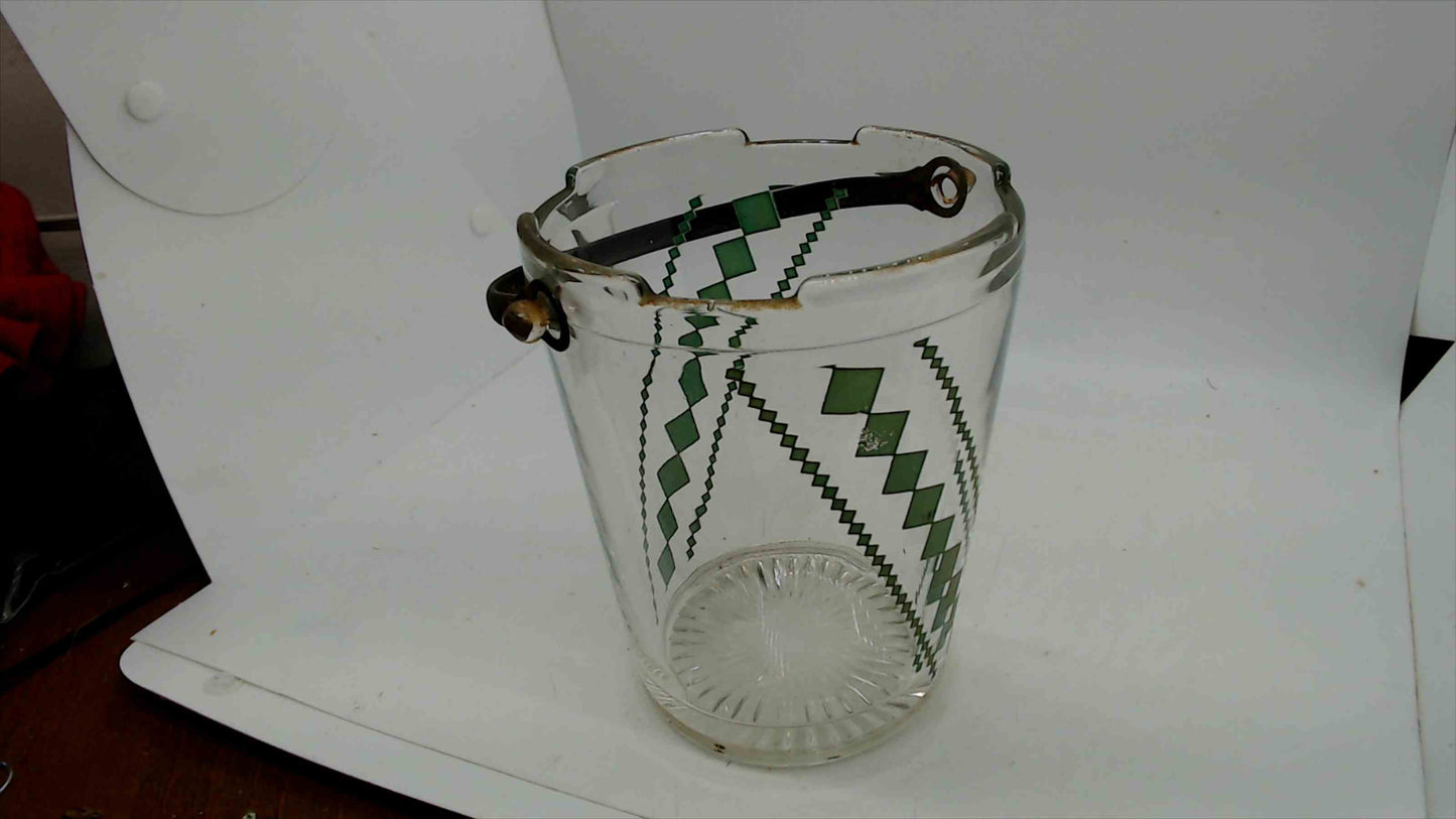 Vintage Mid-Century Glass Ice Bucket – Green Diamond Crosshatch Pattern, Black Swing Handle, 5"