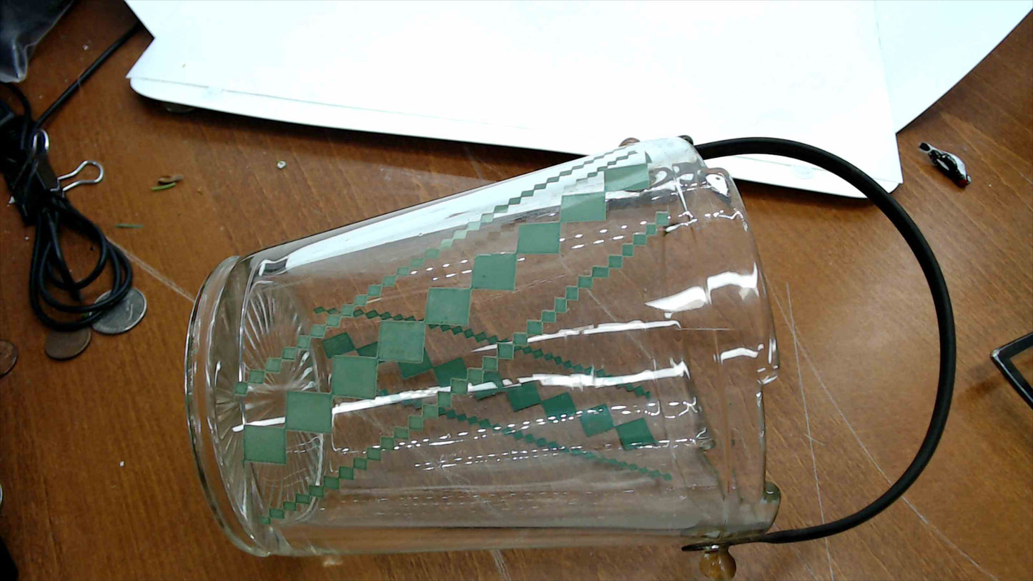 Vintage Mid-Century Glass Ice Bucket – Green Diamond Crosshatch Pattern, Black Swing Handle, 5"