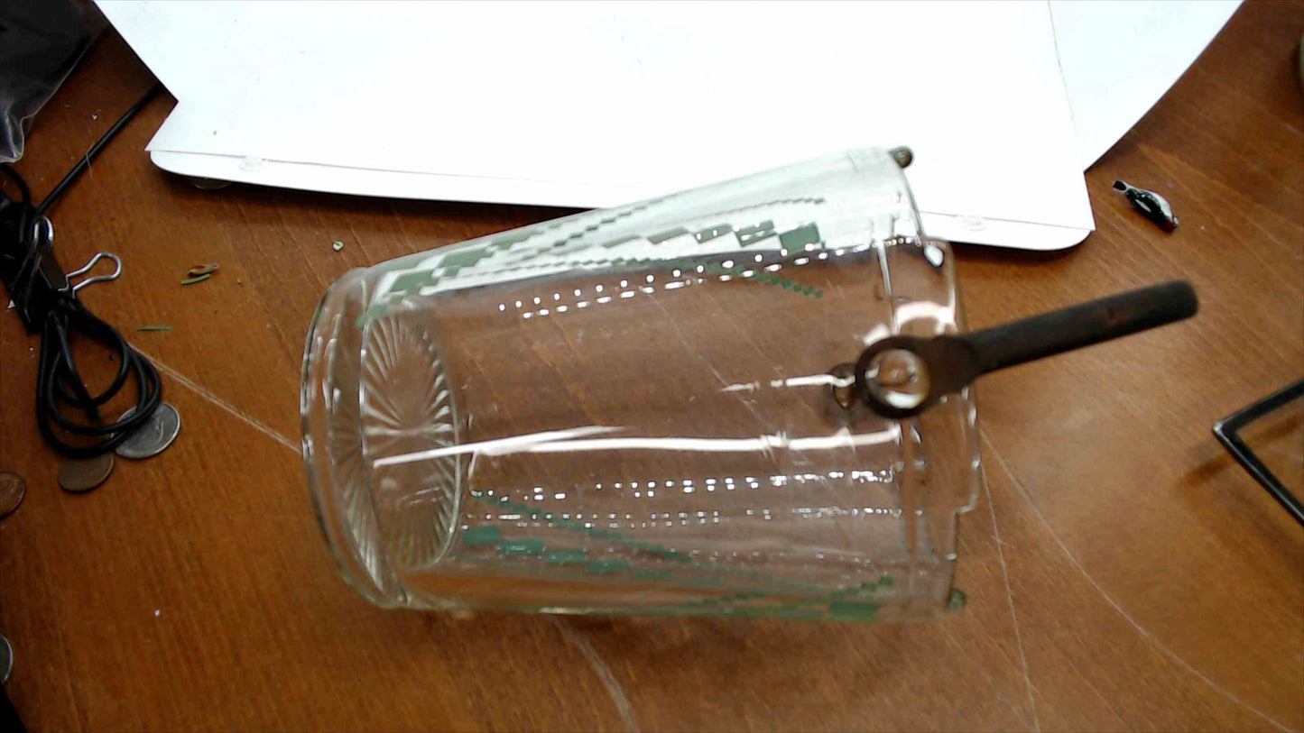 Vintage Mid-Century Glass Ice Bucket – Green Diamond Crosshatch Pattern, Black Swing Handle, 5"