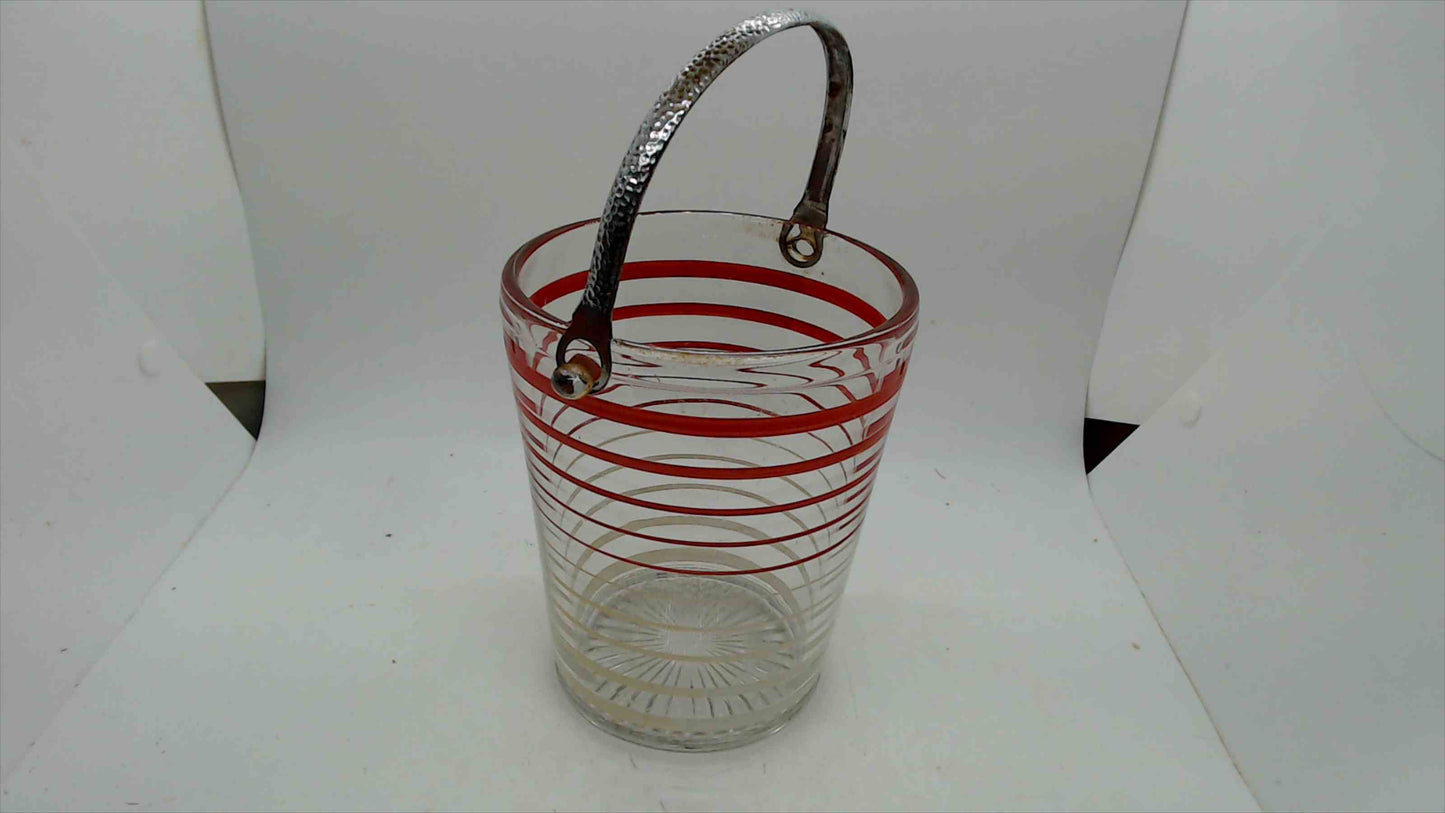 Vintage Mid-Century Glass Ice Bucket – Red Spiral Stripe, Hammered Silver Handle & Starburst Lid, 5"