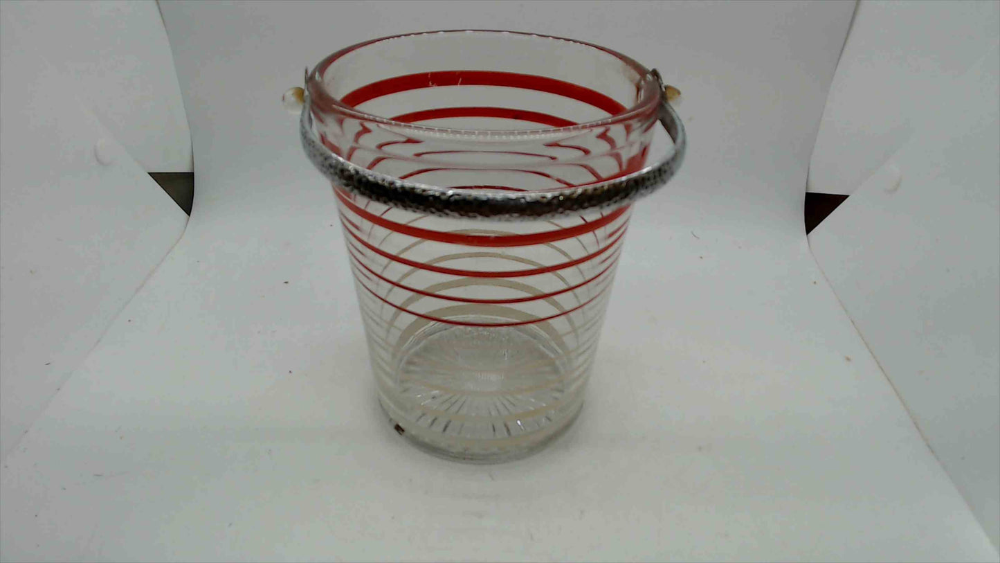 Vintage Mid-Century Glass Ice Bucket – Red Spiral Stripe, Hammered Silver Handle & Starburst Lid, 5"
