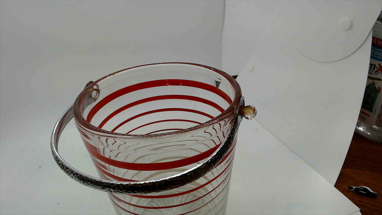 Vintage Mid-Century Glass Ice Bucket – Red Spiral Stripe, Hammered Silver Handle & Starburst Lid, 5"