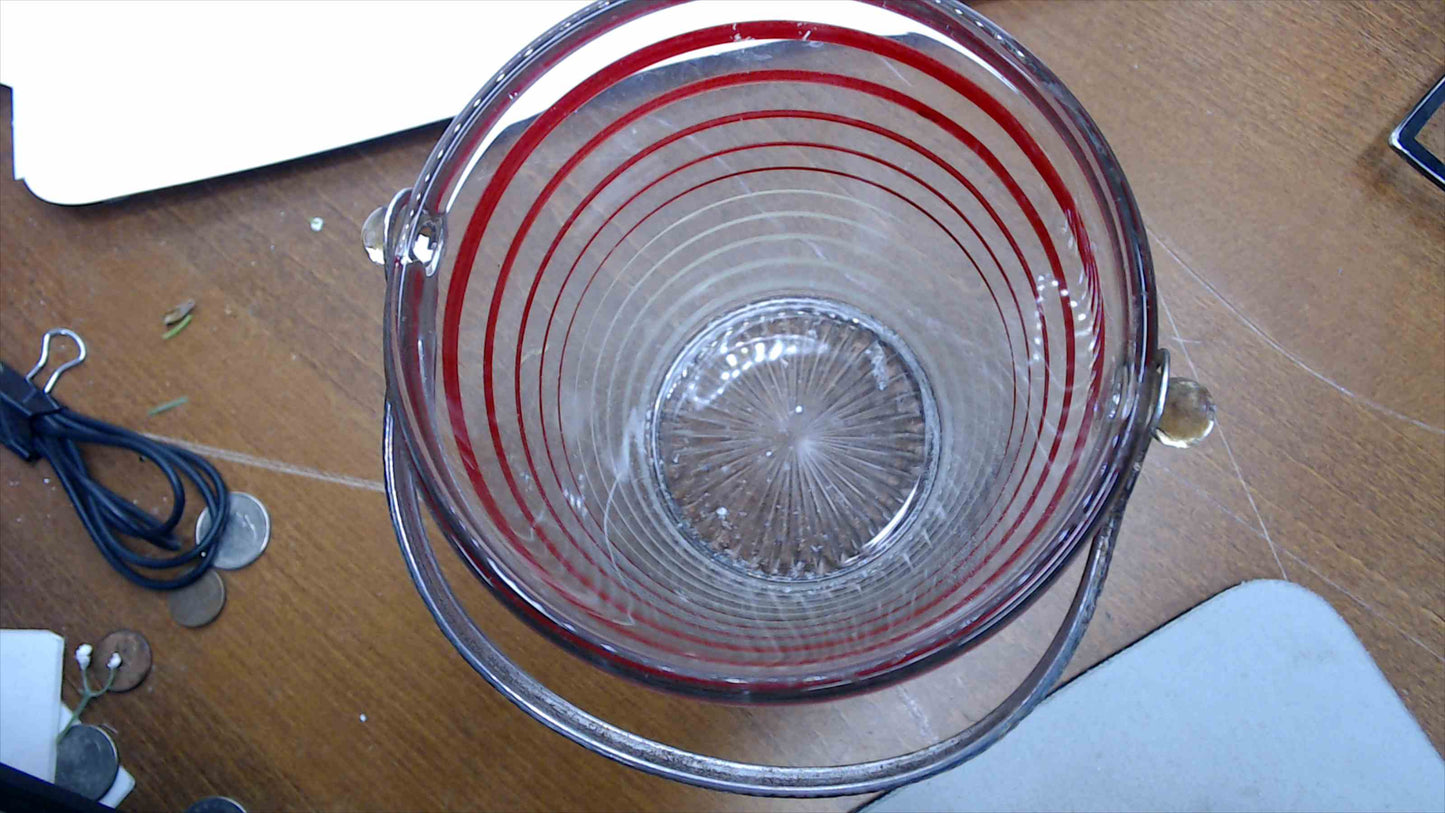 Vintage Mid-Century Glass Ice Bucket – Red Spiral Stripe, Hammered Silver Handle & Starburst Lid, 5"