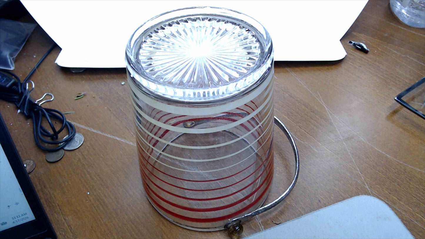 Vintage Mid-Century Glass Ice Bucket – Red Spiral Stripe, Hammered Silver Handle & Starburst Lid, 5"