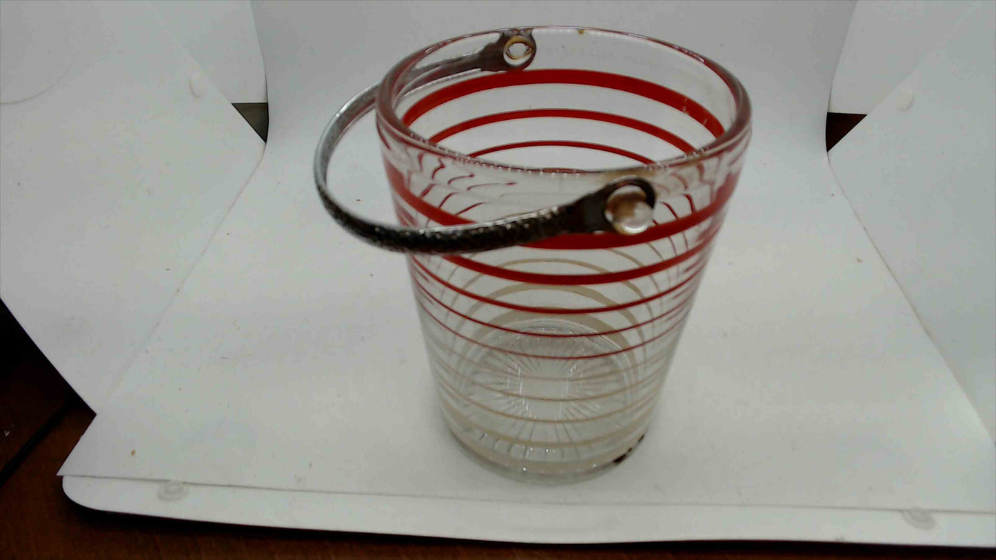 Vintage Mid-Century Glass Ice Bucket – Red Spiral Stripe, Hammered Silver Handle & Starburst Lid, 5"