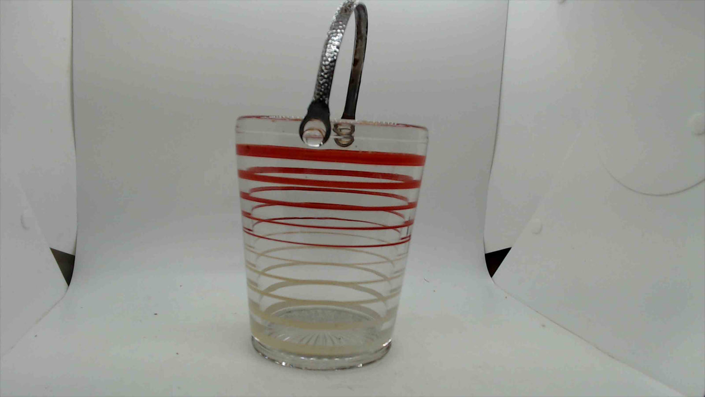 Vintage Mid-Century Glass Ice Bucket – Red Spiral Stripe, Hammered Silver Handle & Starburst Lid, 5"