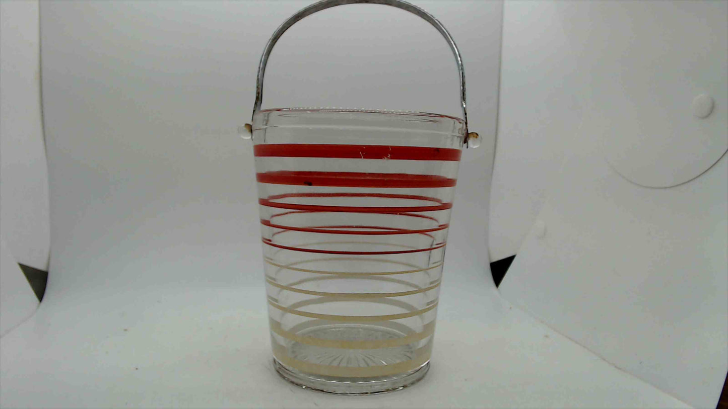Vintage Mid-Century Glass Ice Bucket – Red Spiral Stripe, Hammered Silver Handle & Starburst Lid, 5"