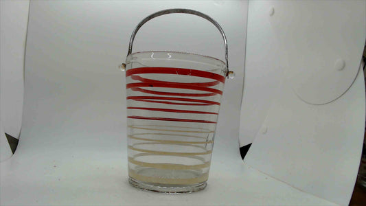 Vintage Mid-Century Glass Ice Bucket – Red Spiral Stripe, Hammered Silver Handle & Starburst Lid, 5"