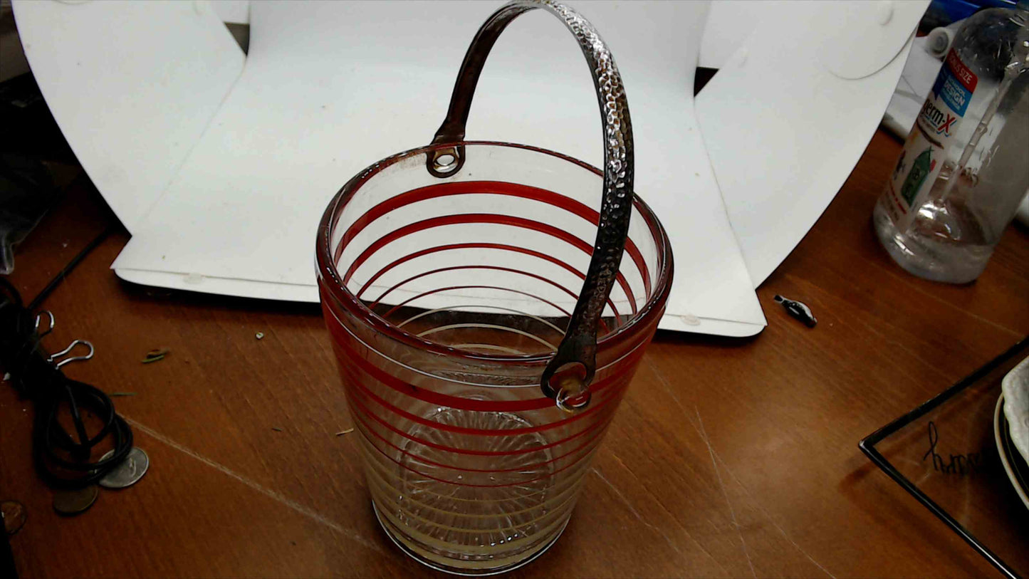 Vintage Mid-Century Glass Ice Bucket – Red Spiral Stripe, Hammered Silver Handle & Starburst Lid, 5"