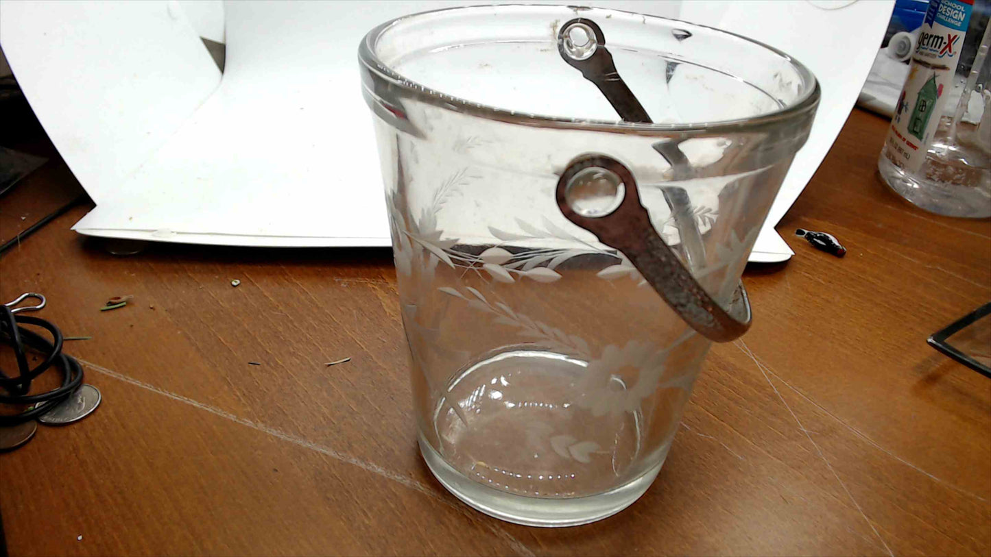 Vintage Etched Glass Ice Bucket – Cut Floral & Wheat Motif, Hammered Metal Handle, 5"