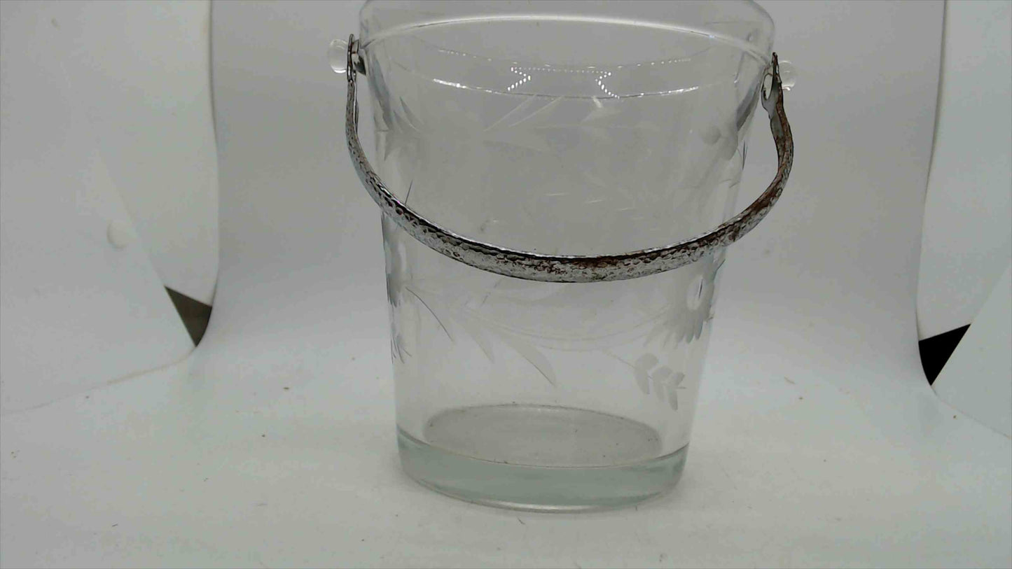 Vintage Etched Glass Ice Bucket – Cut Floral & Wheat Motif, Hammered Metal Handle, 5"