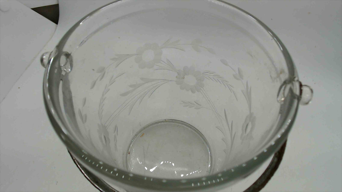 Vintage Etched Glass Ice Bucket – Cut Floral & Wheat Motif, Hammered Metal Handle, 5"