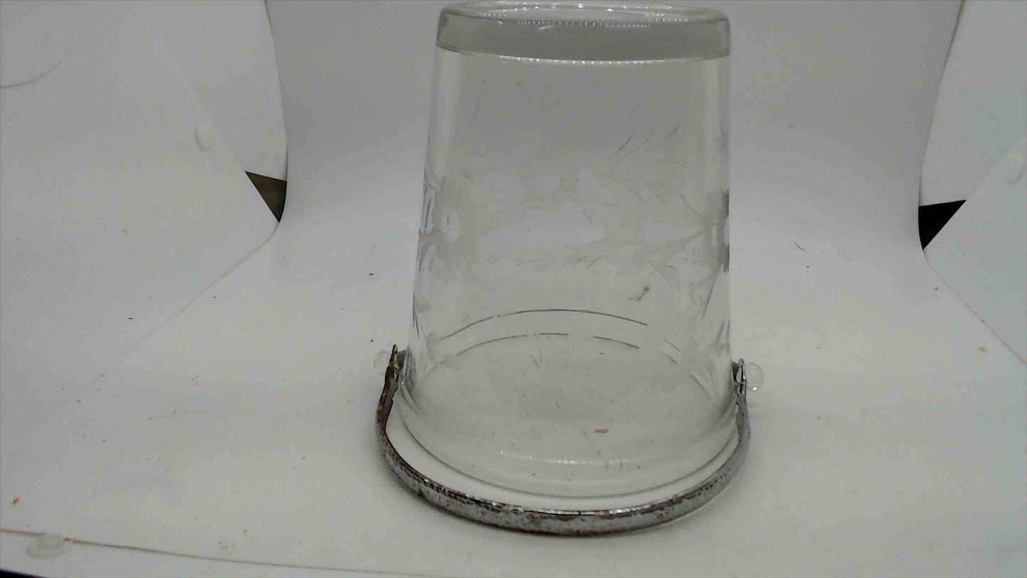 Vintage Etched Glass Ice Bucket – Cut Floral & Wheat Motif, Hammered Metal Handle, 5"