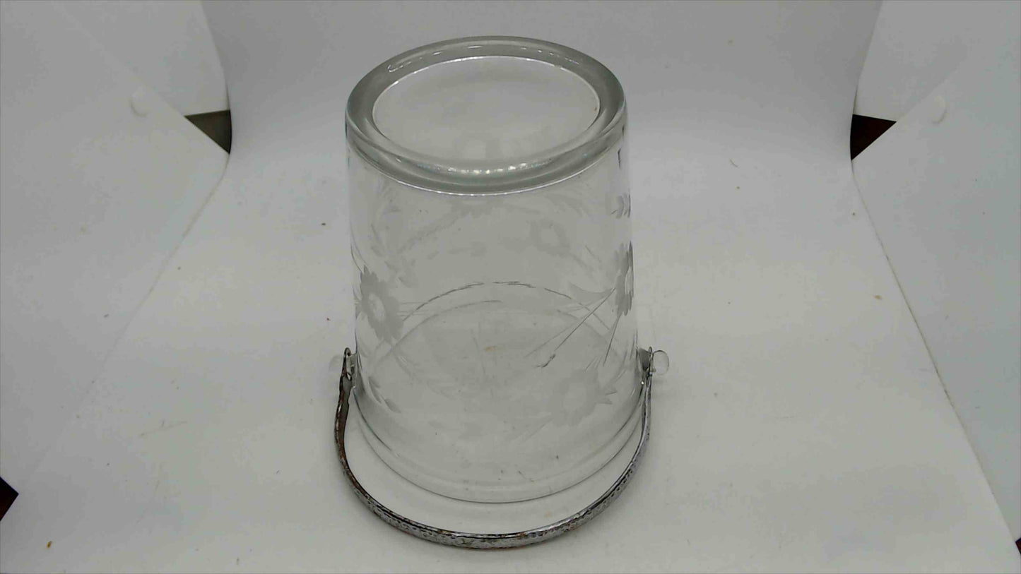 Vintage Etched Glass Ice Bucket – Cut Floral & Wheat Motif, Hammered Metal Handle, 5"