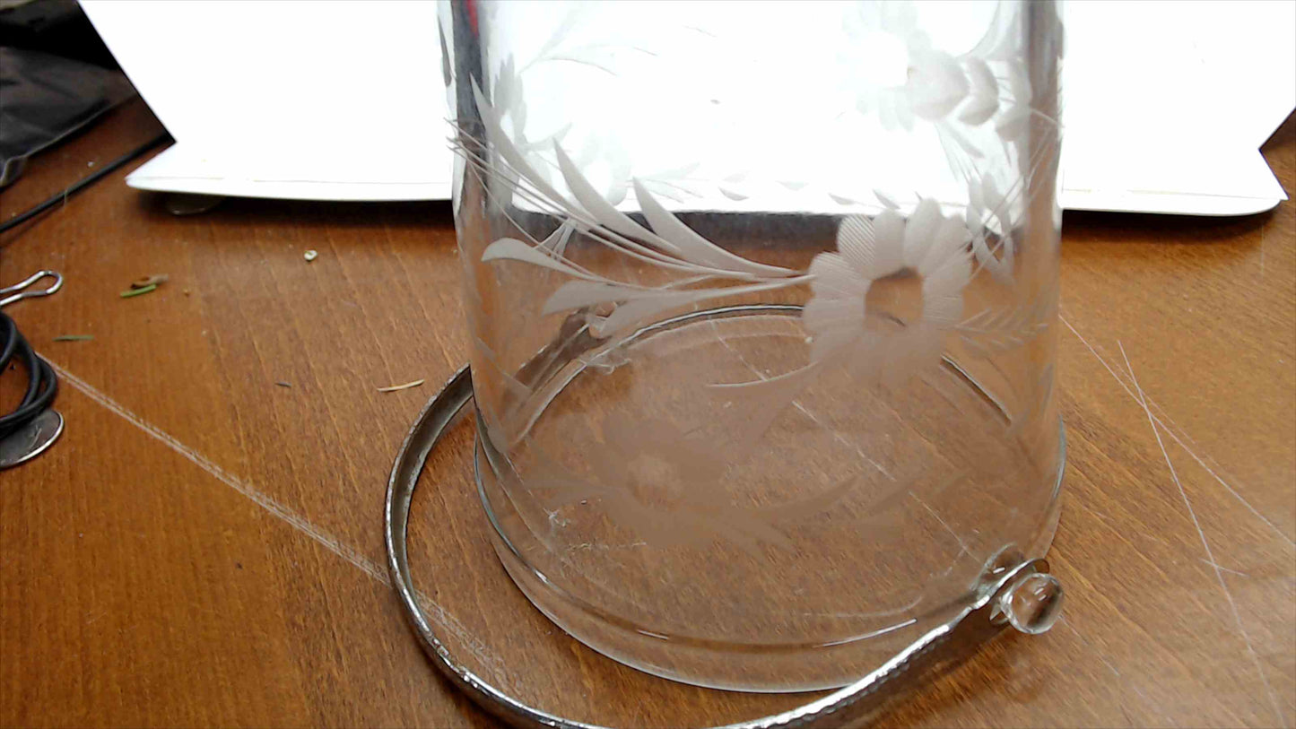 Vintage Etched Glass Ice Bucket – Cut Floral & Wheat Motif, Hammered Metal Handle, 5"