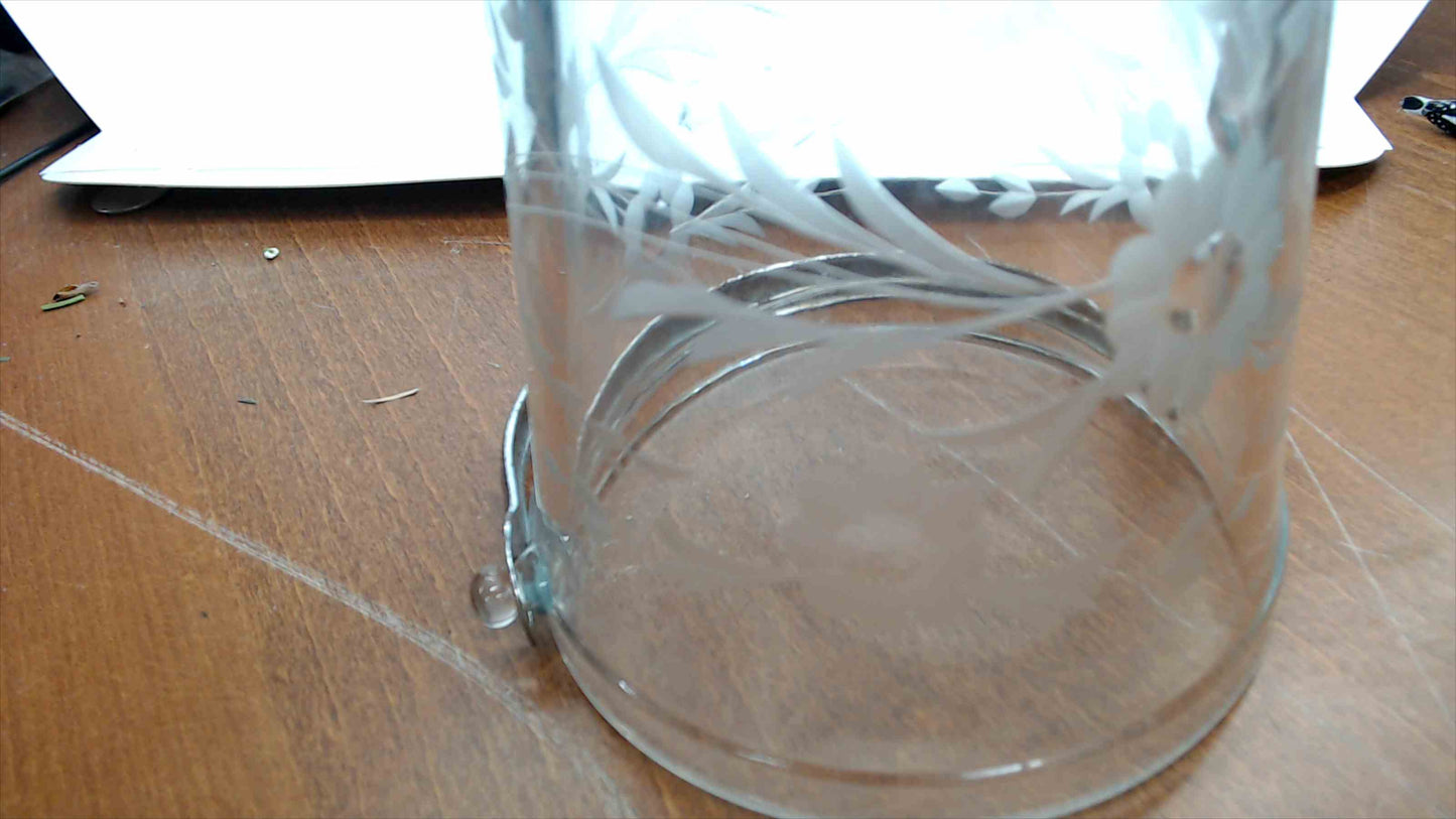 Vintage Etched Glass Ice Bucket – Cut Floral & Wheat Motif, Hammered Metal Handle, 5"