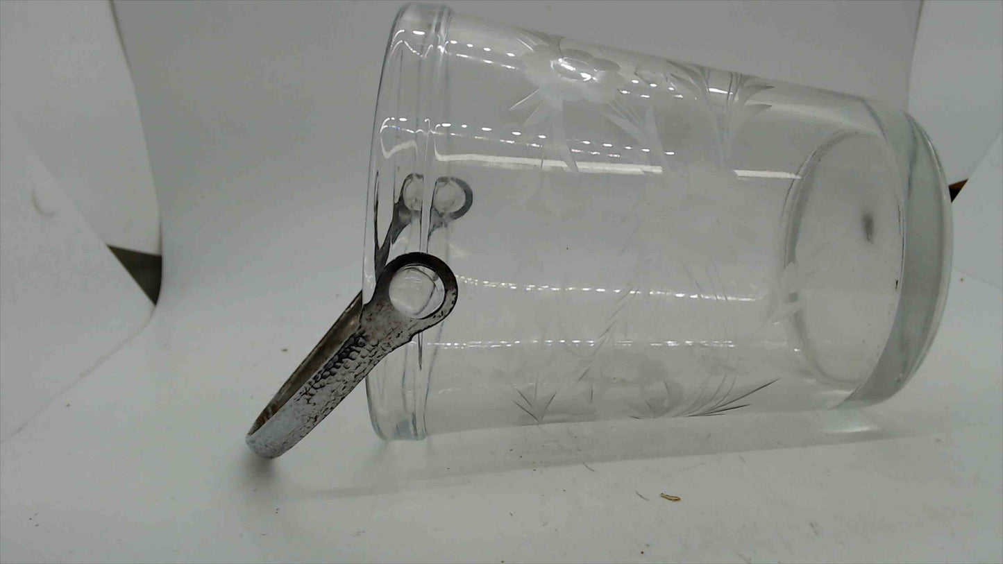 Vintage Etched Glass Ice Bucket – Cut Floral & Wheat Motif, Hammered Metal Handle, 5"
