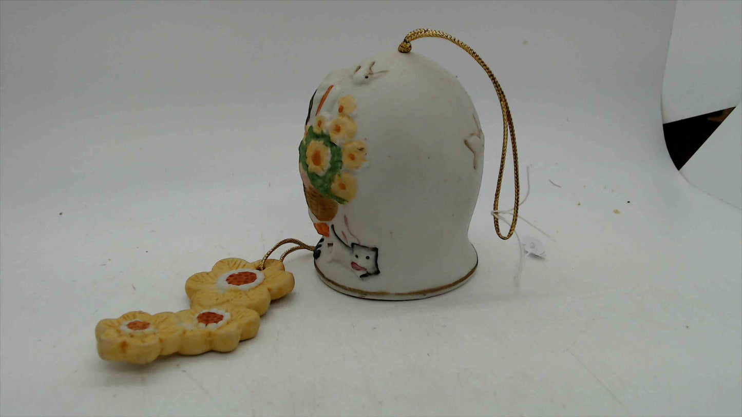 Jasco 1981 Porcelain Bell Ornament – Girl with Bouquet & Hummingbirds – Taiwan – Flower Clapper