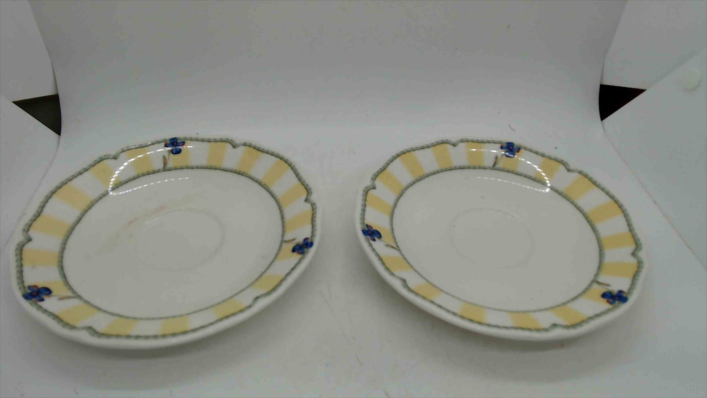 Noritake Homecraft Summer Estate Saucers – Set of 2 – Pattern 9212 – Yellow Stripe Blue Floral