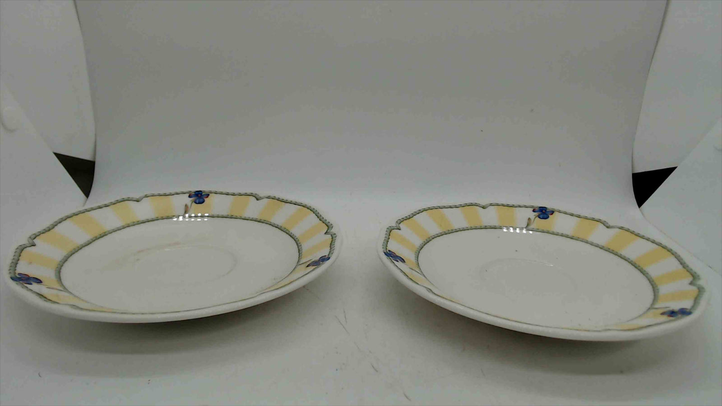 Noritake Homecraft Summer Estate Saucers – Set of 2 – Pattern 9212 – Yellow Stripe Blue Floral